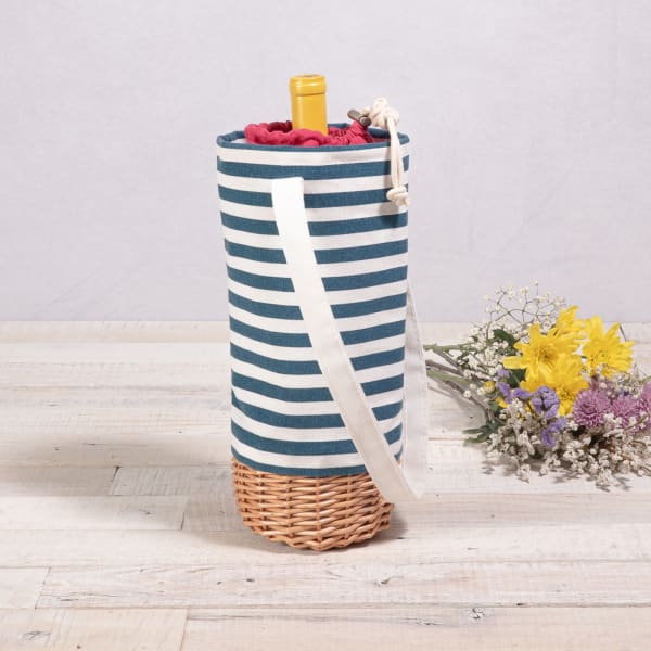 Malbec Insulated Canvas and Willow Wine Bottle Basket - Color: Navy Blue