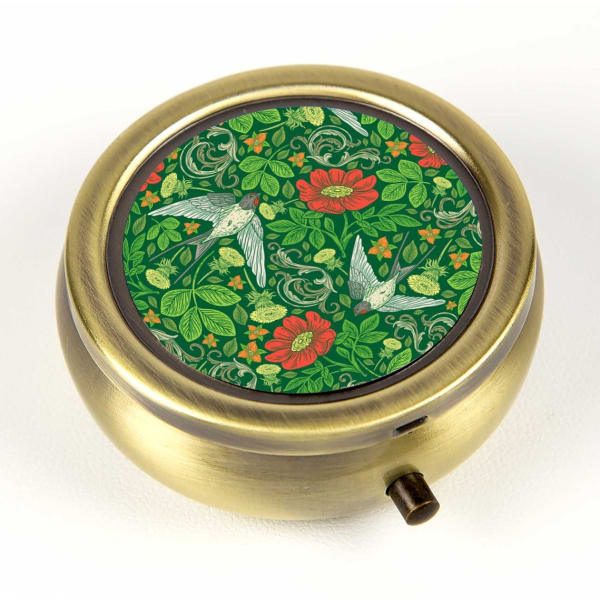Victorian Style Garden Swallows Floral Bronze Pill Box | Historical Art | Hand Decorated in the USA