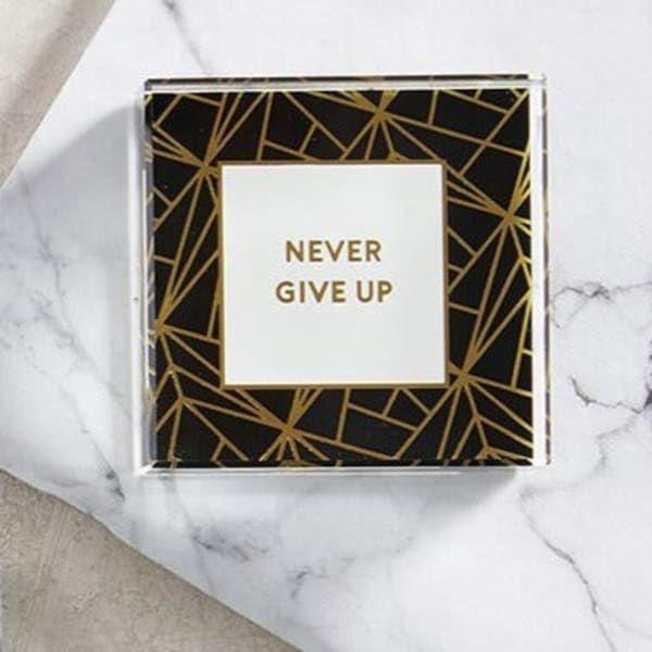 Never Give Up 3"x3" Paperweight | Black Geometric Pattern