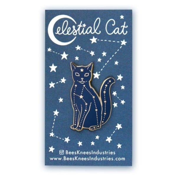 Celestial Cat Enamel Pin in Navy Blue