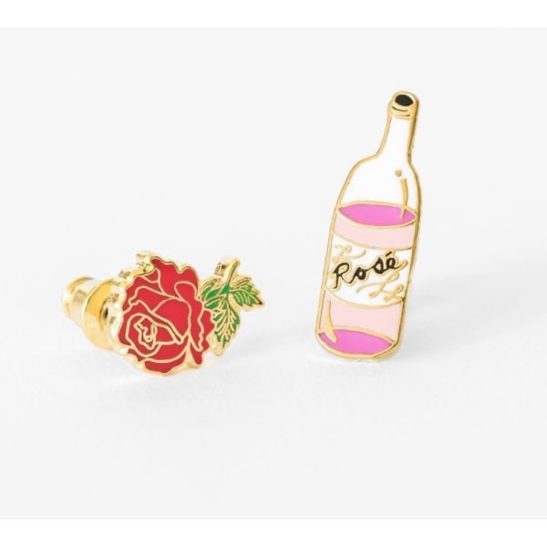 Rose and Rosé Mismatched Stud Earrings | Cloisonné with 22 Karat Gold | In a Glass Gift Vial