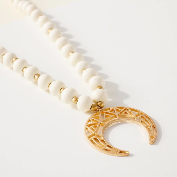 Wood Bead Crescent Pendant Necklace | Ivory or Mint - Color: Ivory