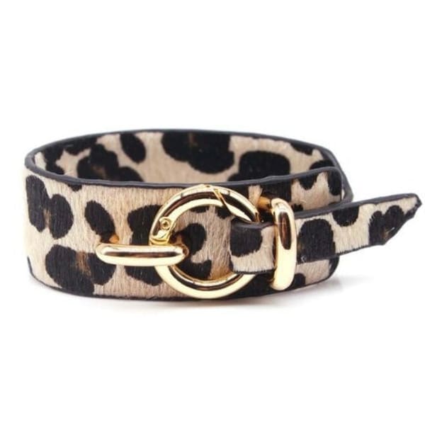 Gold Buckle Faux Leather Cuff Bracelet (5 Color Options) - Color: Brown Leopard