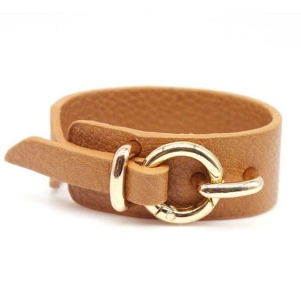 Gold Buckle Faux Leather Cuff Bracelet (5 Color Options) - Color: Tan