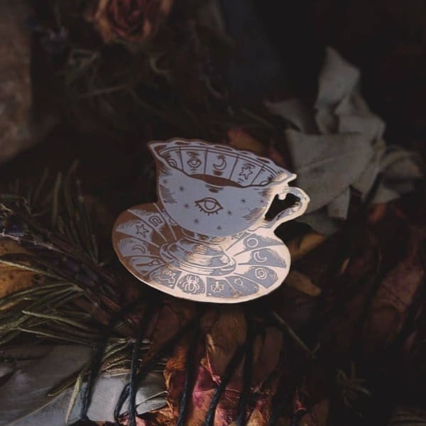 Tasseomancy Tea Leaf Reading Mystical Enamel Pin in White/Gold | Eye Symbol Brooch Lapel Pin | 1.5"
