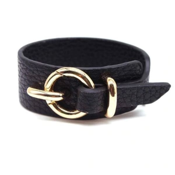 Gold Buckle Faux Leather Cuff Bracelet (5 Color Options) - Color: Black