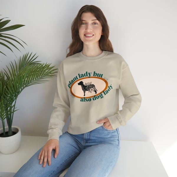 Plant Lady But Also Dog Lady Unisex Heavy Blend™ Crewneck Sweatshirt - Color: Sand, Size: S