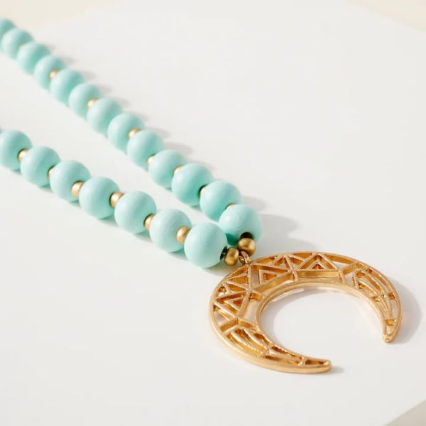 Wood Bead Crescent Pendant Necklace | Ivory or Mint - Color: Mint