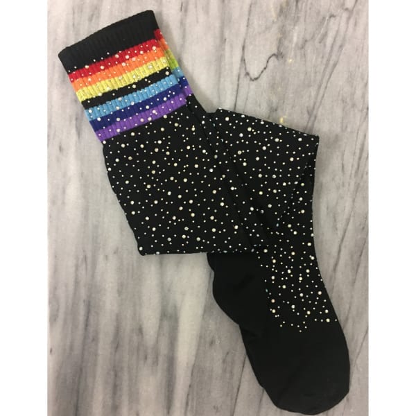 Over the Knee Jeweled Rainbow Glam Disco Socks (Black or White Rainbow) - Color: Black Rainbow
