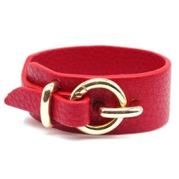 Gold Buckle Faux Leather Cuff Bracelet (5 Color Options) - Color: Red