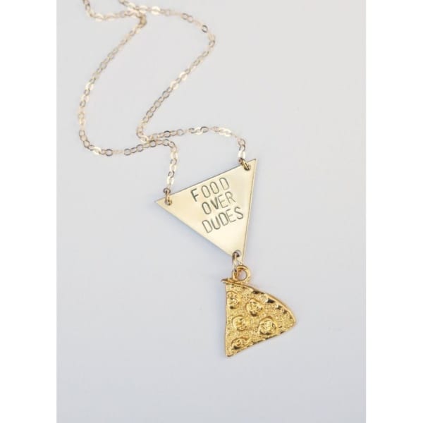 Food Over Dudes Necklace in Brass Pizza | Handmade - Color: Brass