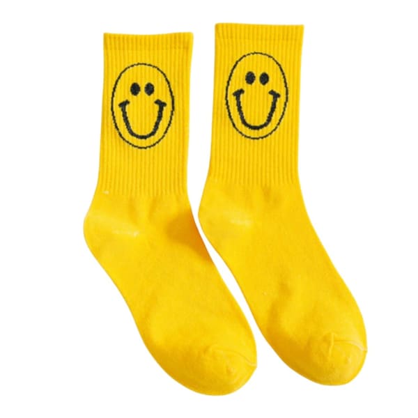 Retro 1980s Happy Face Cotton Crew Socks (4 Color Options) - Color: Yellow
