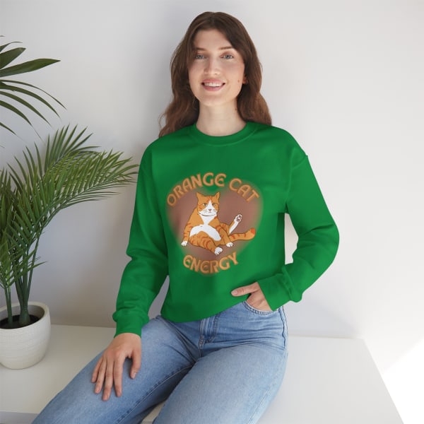 Orange Cat Energy Unisex Heavy Blend™ Crewneck Sweatshirt - Color: Irish Green, Size: S