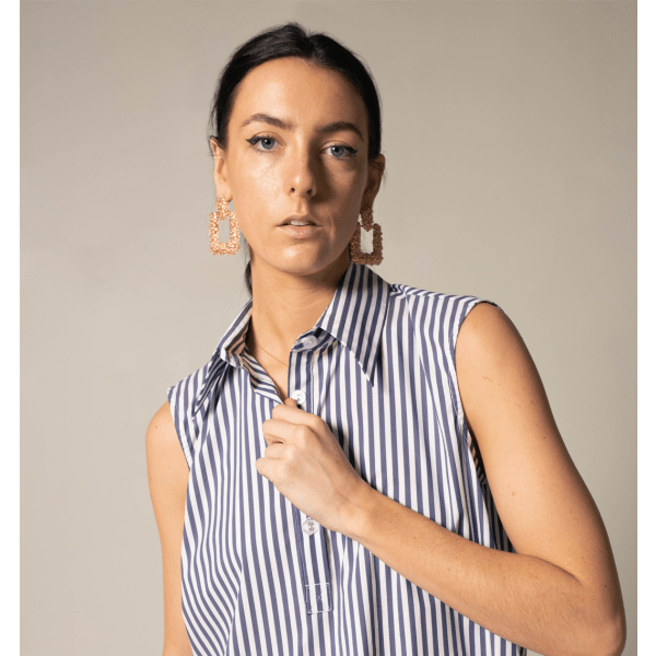 The Olivia Sleeveless Blue Stripe Blouse in Italian Cotton