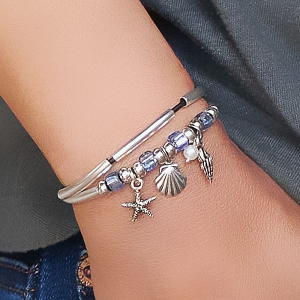 Surfside Adjustable Silver & Leather Bracelet with Nautical Charms