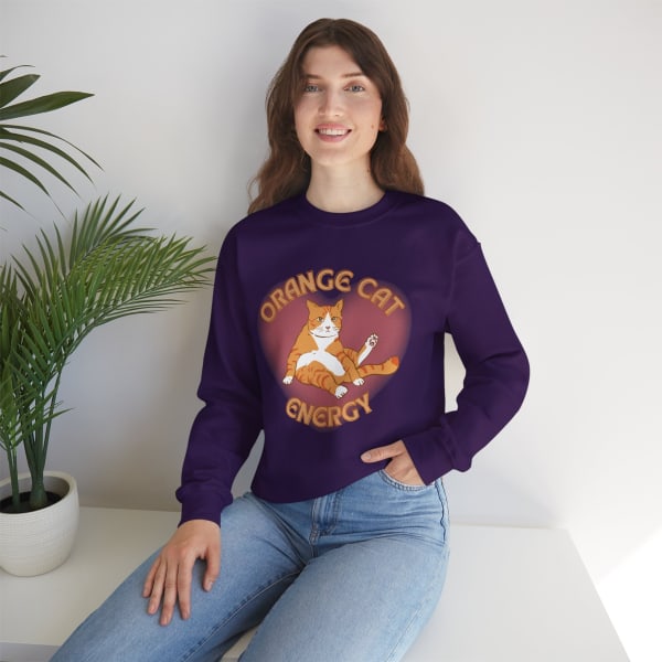 Orange Cat Energy Unisex Heavy Blend™ Crewneck Sweatshirt - Color: Purple, Size: S