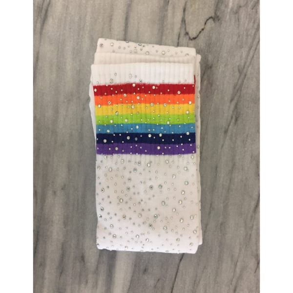 Over the Knee Jeweled Rainbow Glam Disco Socks (Black or White Rainbow) - Color: White Rainbow