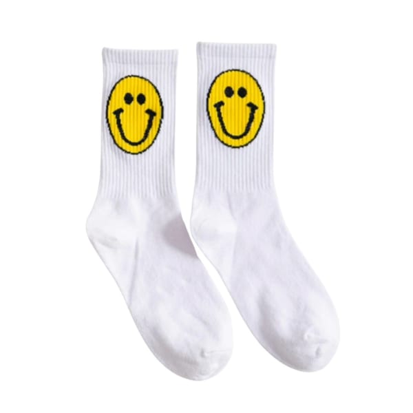 Retro 1980s Happy Face Cotton Crew Socks (4 Color Options) - Color: White
