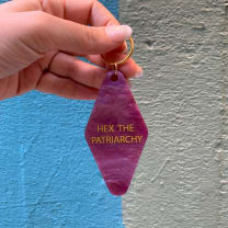 Hex the Patriarchy Feminist Motel Style Key Tag Keychain in Purple Galaxy Glitter