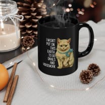 I Wasn't Put On This Earth To do Emails And Housework Black Kitten Mug