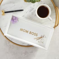 Mom Boss 10" x 5" Valet Tray | Vegan Leather Trinket Tray for Dresser or Desk | Motivational Quote Gift