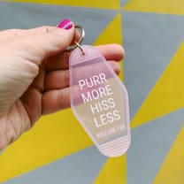 Purr More Hiss Less Motel Style Keychain in Pink Translucent