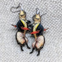 Dapper Cat Dangling Earrings | Handmade | Lightweight Wood