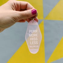 Purr More Hiss Less Motel Style Keychain in Pink Translucent