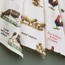 Sheep Happens Dish Cloth Towel | Cotten Linen Novelty Tea Towel | Embroidered Text | 18" x 28"