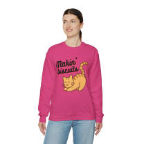Makin' Biscuits Cat Unisex Heavy Blend™ Crewneck Sweatshirt - Color: Heliconia, Size: S