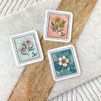 Teal Blue Antique Floral Stamp Sticker | 2" x 1.5"