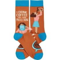 I Drink Coffee For Your Protection Funny Socks in Aqua Blue and Brown | Unisex