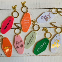 Adventure Awaits Let's Go Glamping Motel Style Keychain in Light Green with Gold Hardware