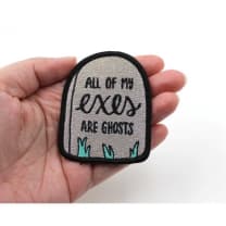 All of My Exes Are Ghosts Iron On Patch in Tombstone Shimmery Grey