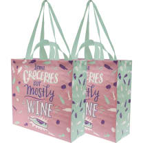 Some Groceries But Mostly Wine Large Market Tote Bag in Pink and Blue | 15.50" x 15.25" x 6"