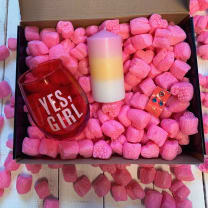 Candle + Sips Gift Box with Compostable Pink Heart Packing Peanuts