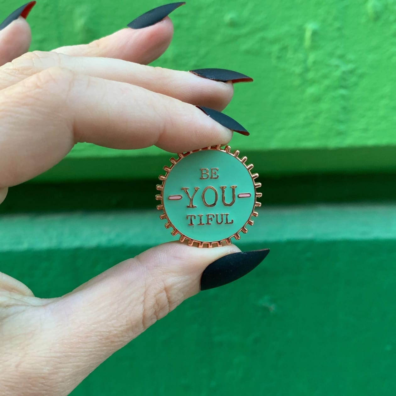 Be You Ti Ful Bottle Cap Style Enamel Pin on Gift Card