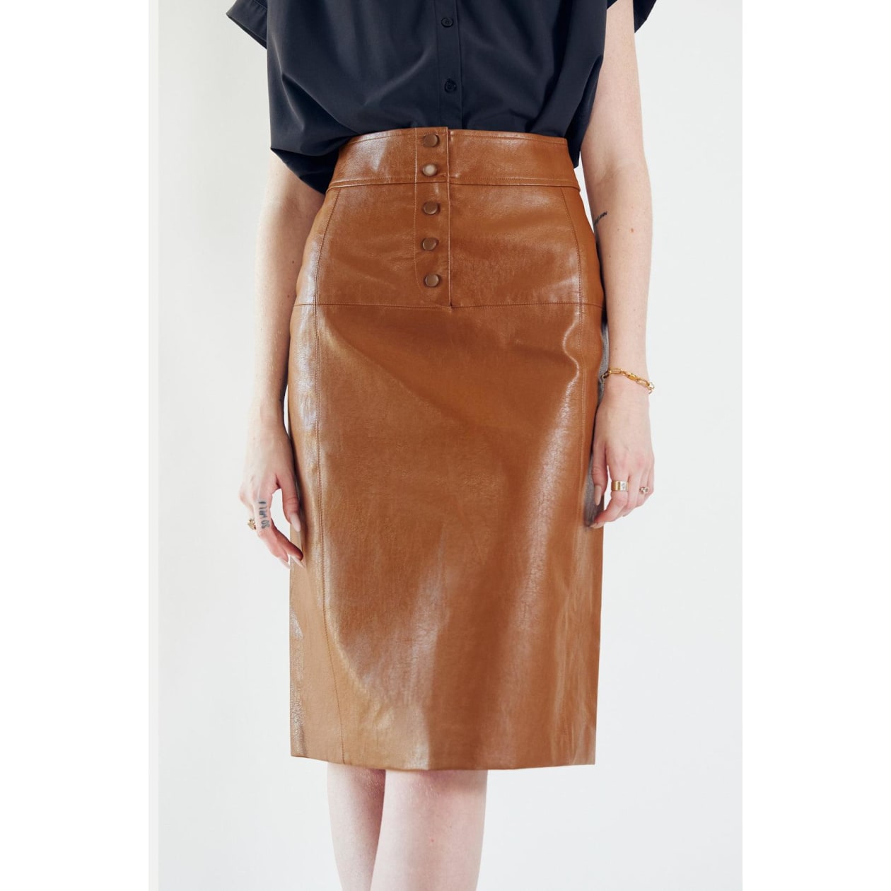 Glossy Brown Vegan Leather Pencil Skirt