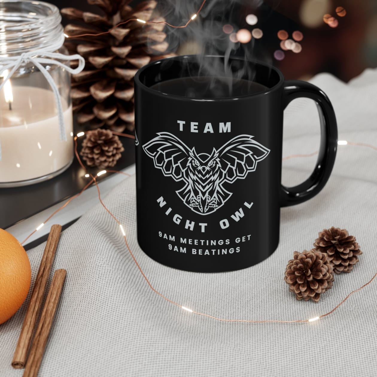 Team Night Owl: 9am Meetings Get 9am Beatings 11oz Black Mug - Size: 11oz