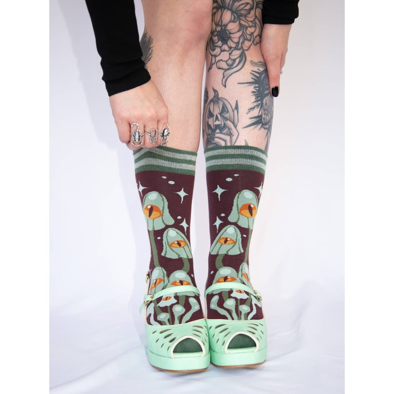 Mystic Mushrooms Crew Socks | Enchanted One-eyed Fungi Footwear