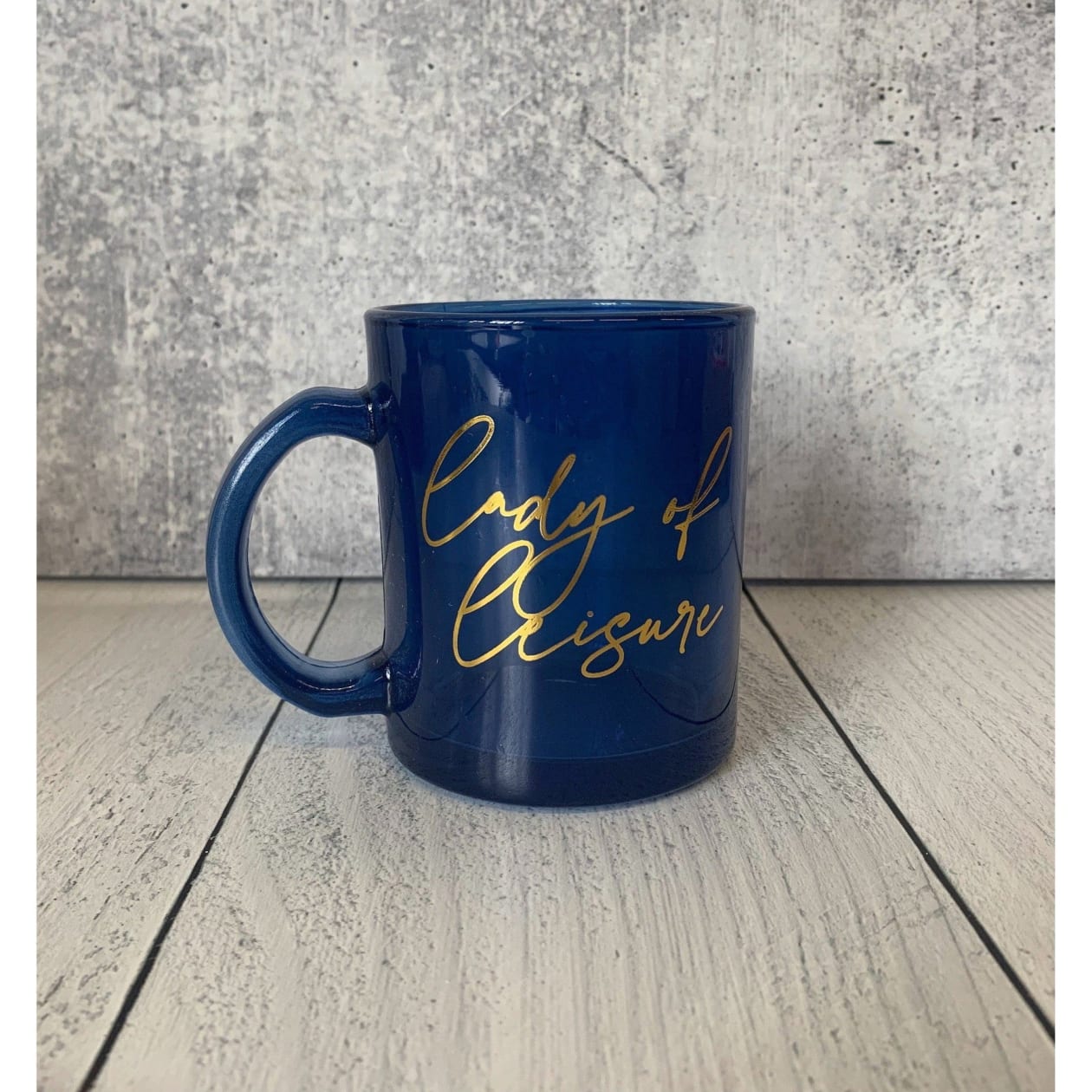 Lady of Leisure Single-Wall Glass Mug in Dark Blue Tinted Glass and Gold | 10 oz.