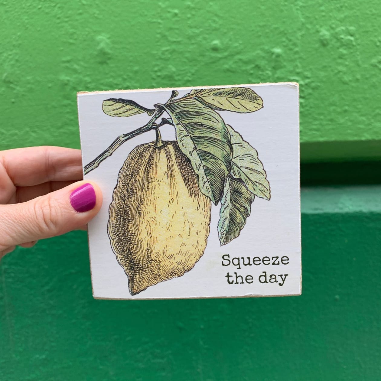 Squeeze The Day Inspo Lemon Wooden Block Sign | 4" x 4"