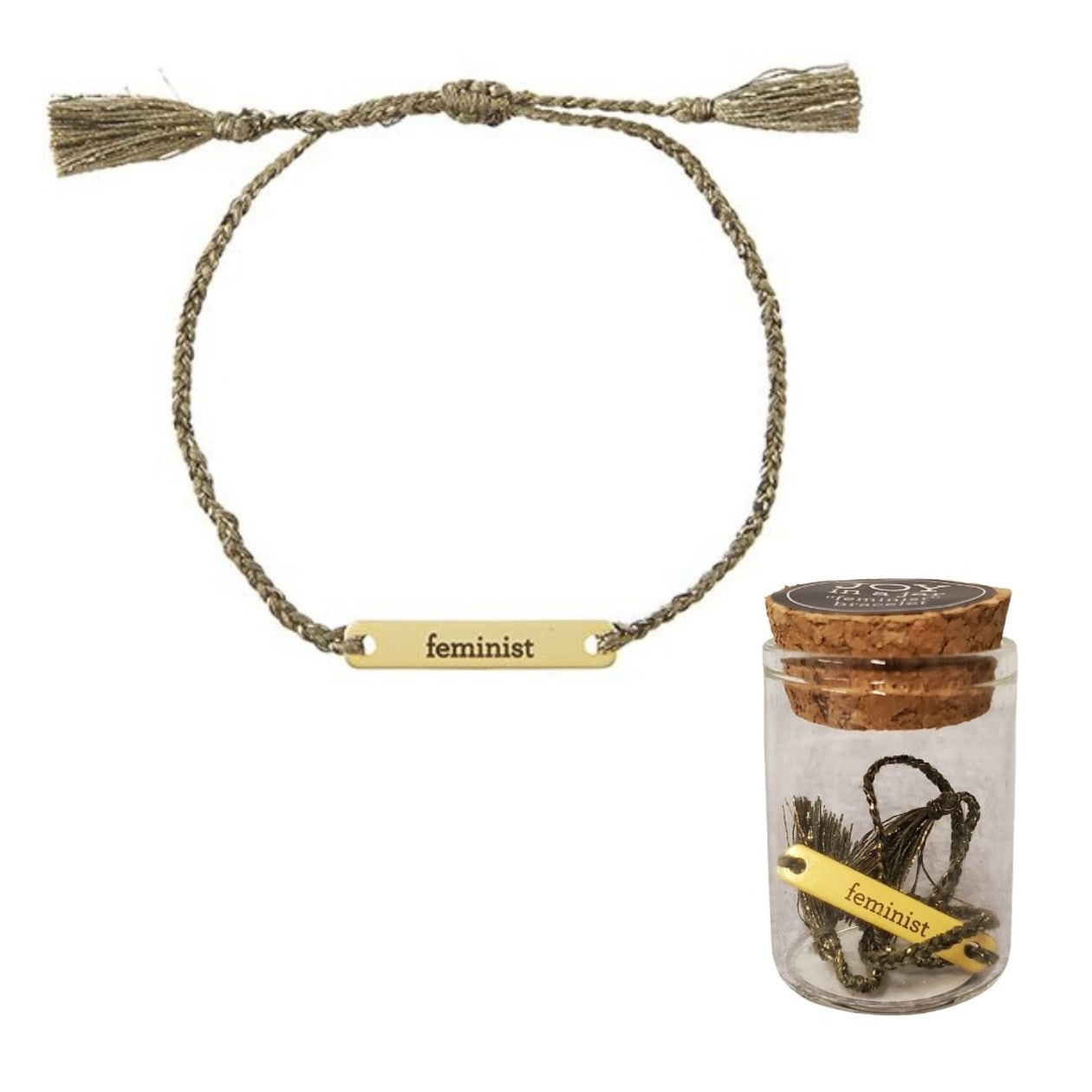 Feminist Stamped Brass Bar Woven Thread Bracelet | In a Giftable Glass Jar with Cork Lid