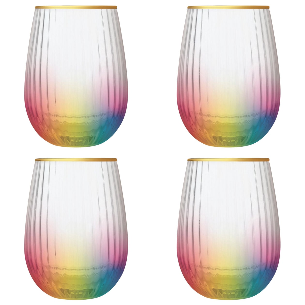 Set of 4 Rainbow Beveled Stemless Wine Glass | 19 oz.