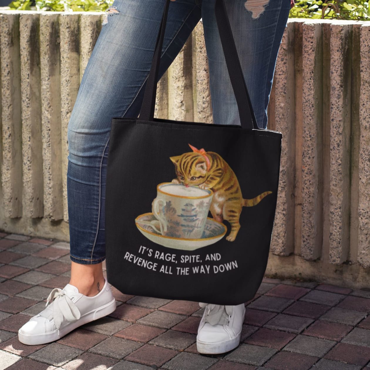 It's Rage, Spite, and Revenge All the Way Down Cat Tote Bag in Black | 16" x 16"