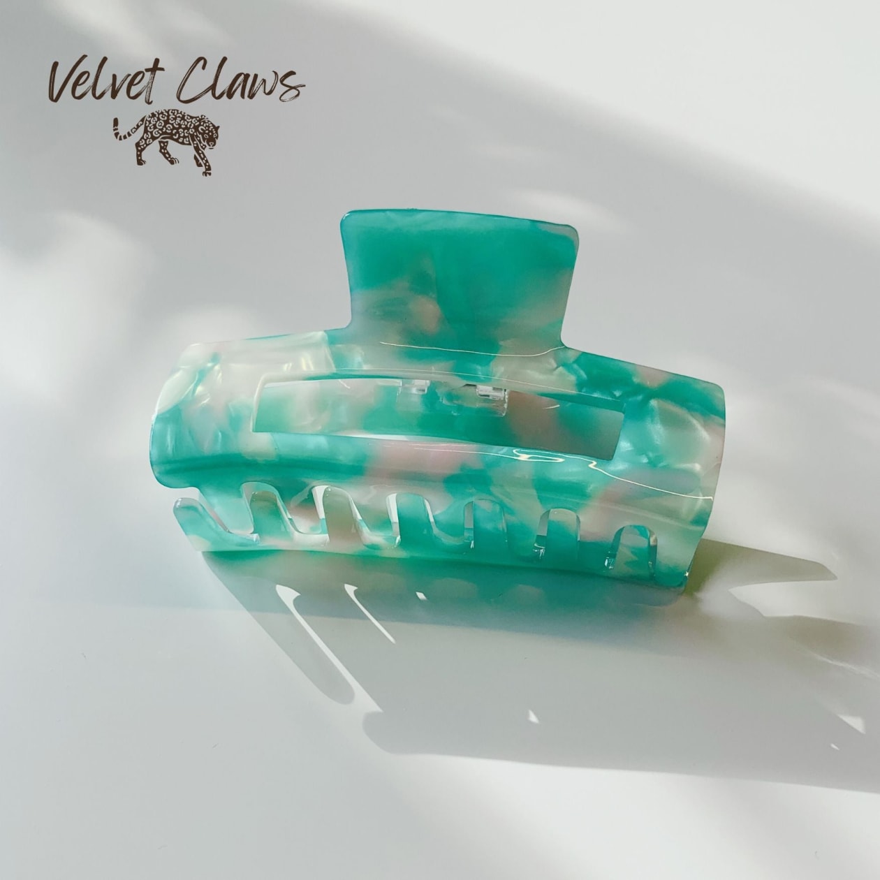 Velvet Claws Hair Clip | The Diana in Green and White Marble | Claw Clip in Velvet Travel Bag