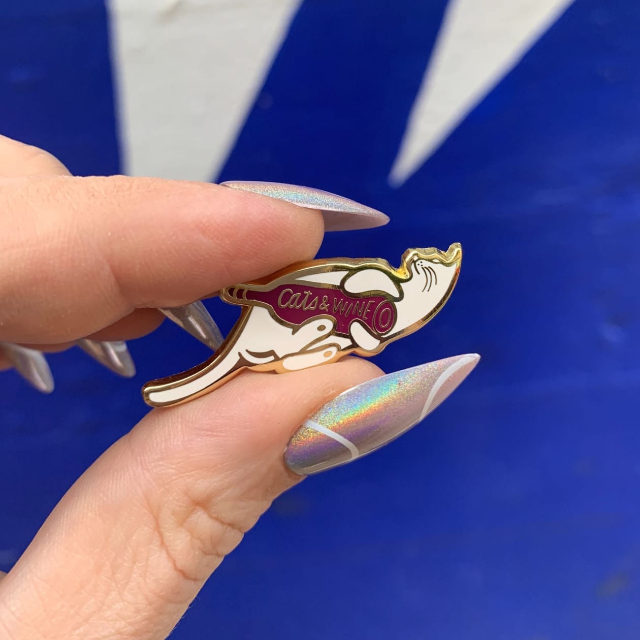 Cats and Wine Make Everything Fine Enamel Pin in Purplish Red and Gold