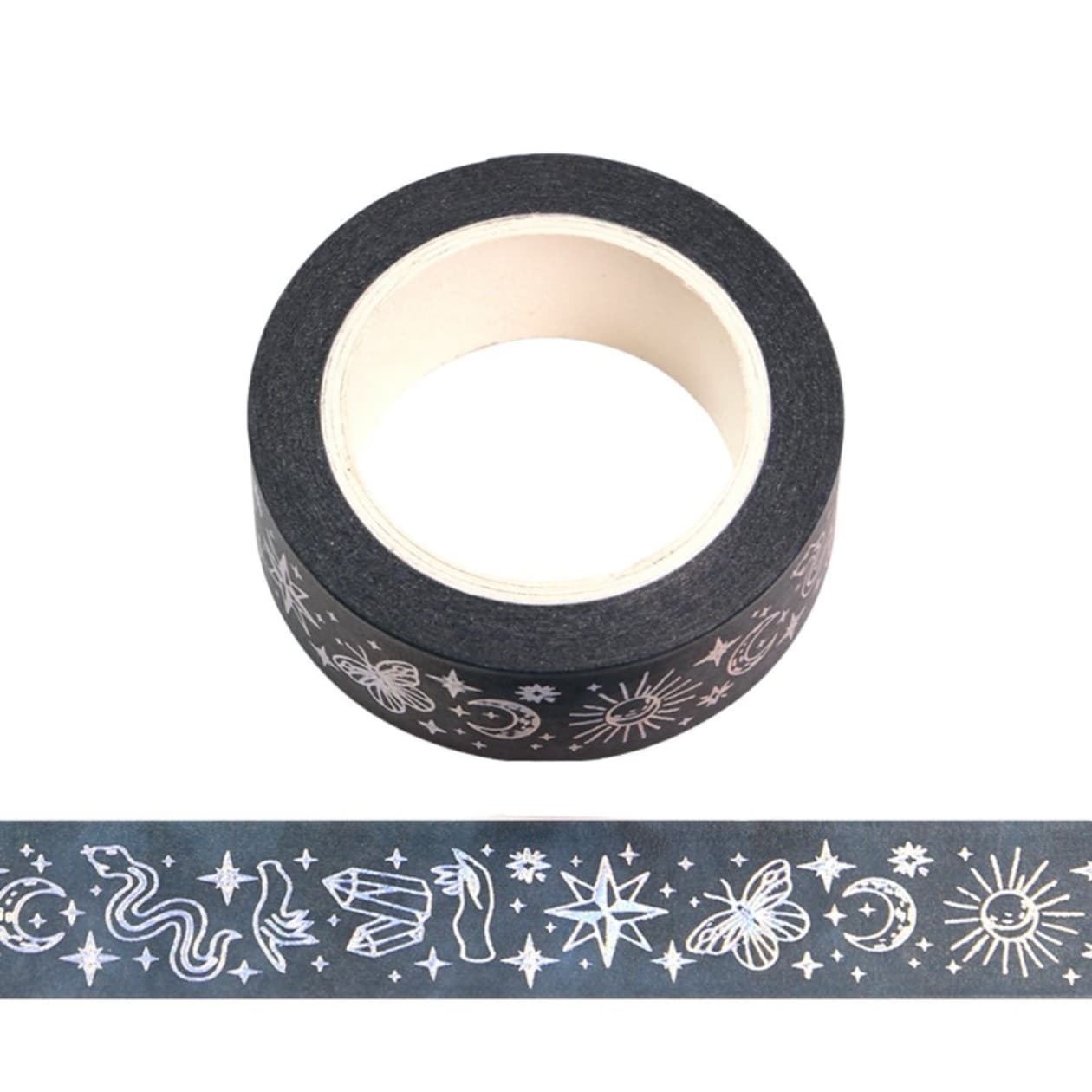 Silver Snake Washi Tape | Snake and Crystal Motif on Black | Gift Wrapping and Craft Tape