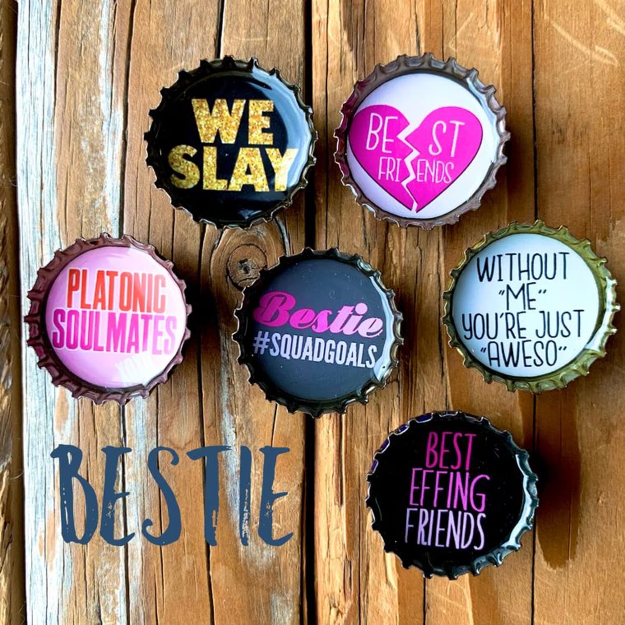 Besties Magnets 6 Pack | Round Bottle-Cap Style Magnet Set in a Gift Tin