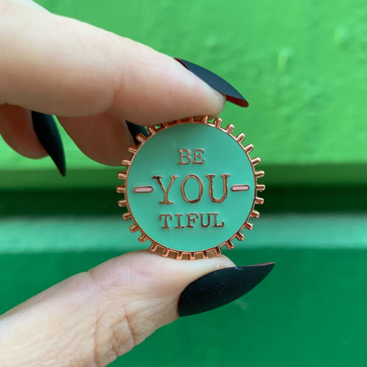 Be You Ti Ful Bottle Cap Style Enamel Pin on Gift Card